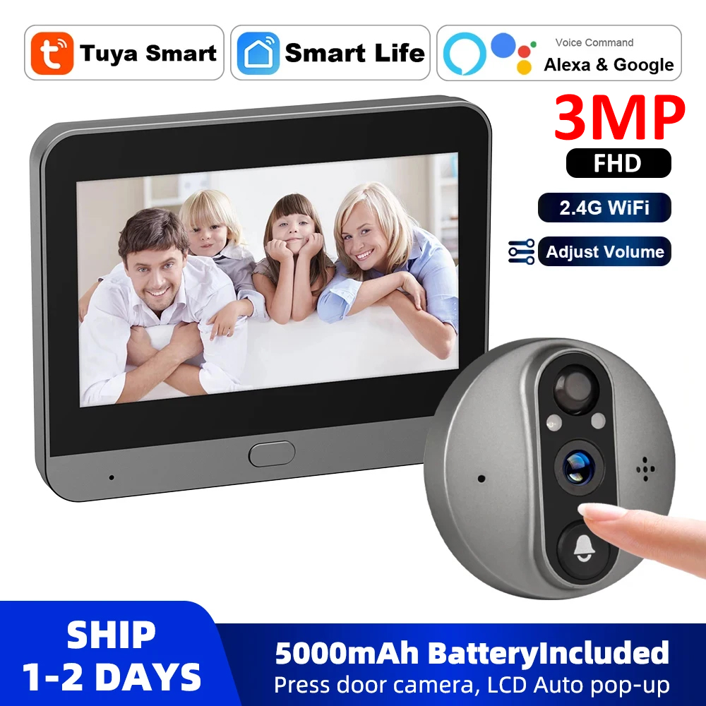 Home Security Bell - 3MP WiFi Smart Tuya Peephole 5000mAh